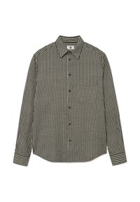 Long-sleeve button-up shirt in dark green with white vertical stripes, featuring a collar, chest pocket, and curved hem.