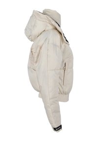 Puffet beige jakke med hætte, der har elastiske manchetter og lynlåslommer. Struktureret stof med et svagt synligt logo på ærmet.