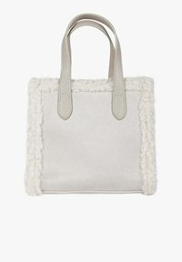 Piccola borsa tote con esterno morbido e strutturato color crema, manici in pelle grigia liscia e bordo soffice lungo i bordi.