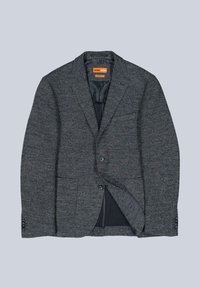 Strukturierter dunkelgrauer Blazer mit Zwei-Knopf-Verschluss, Revers mit Kerbkragen und zwei Vordertaschen. Innenfutter in Schwarz mit Nahtdetails.