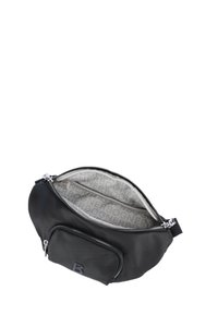 Borsa nera in pelle con scomparto principale con zip e tasca frontale. Presenta un rivestimento grigio a fantasia e un logo in evidenza.