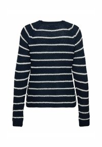 Pull marine avec des rayures blanches horizontales. Texture tricotée, encolure ronde et manches longues. Coupe décontractée avec des poignets et un ourlet côtelés.