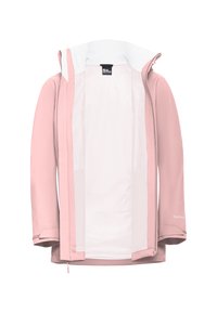 Lichtroze jas met een gladde buitenkant, wit meshvoering, ritssluiting over de volledige lengte en verstelbare manchetten. Geen zichtbare logo's aan de voorkant.