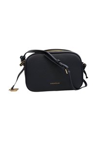 Borsa a tracolla nera in pelle con superficie testurizzata, chiusura con zip, tracolla regolabile e hardware in tonalità dorata. Logo "MARIACELINE" sulla parte anteriore.