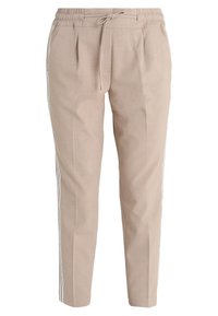 Ljusbeige byxor med elastisk midja, dragsko och sidostråk. Har veck och en avsmalnande bendesign.