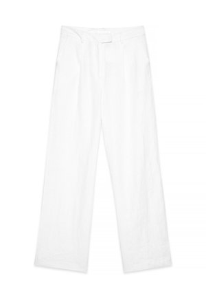 Pantaloni in lino bianchi con una vestibilità ampia, caratterizzati da un design a gamba dritta, tasche frontali e una vita piatta. Texture liscia in tutto il capo.