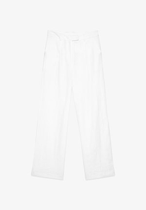 Hvide linnedbukser med en løs pasform, der har et lige ben design, frontlommer og en flad talje. Glat tekstur hele vejen igennem.