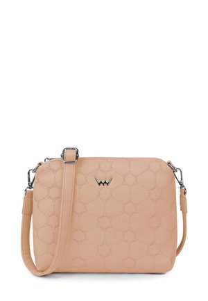 Light pink synthetic crossbody bag with a geometric embossed pattern, silver hardware, adjustable strap, and logo detail on the front.