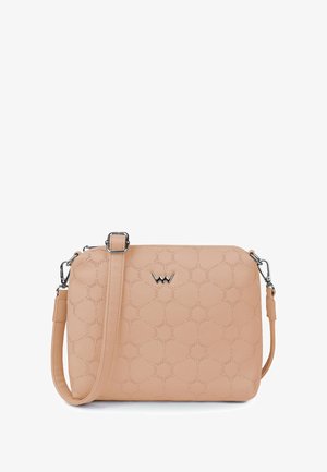 Light pink synthetic crossbody bag with a geometric embossed pattern, silver hardware, adjustable strap, and logo detail on the front.
