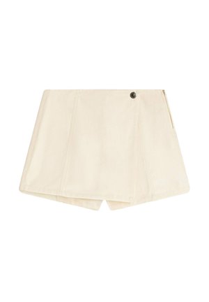 Beige cotton shorts with a tailored design, featuring a front button, side zipper, and diagonal seam details, providing a clean silhouette.