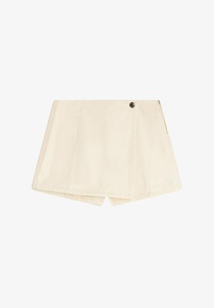 Beige cotton shorts with a tailored design, featuring a front button, side zipper, and diagonal seam details, providing a clean silhouette.