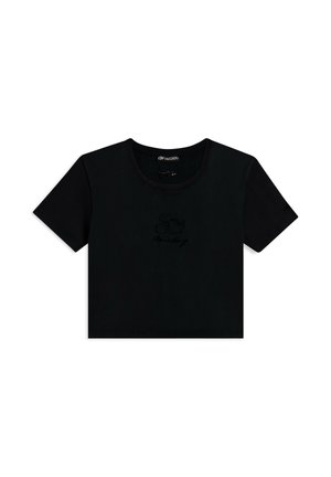 T-shirt noir court en coton, avec une texture côtelée et un design brodé subtil de Mickey Mouse sur le devant.