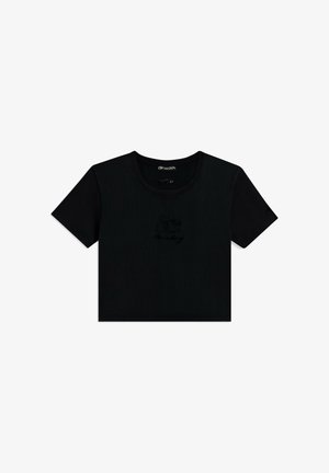 T-shirt nera corta realizzata in cotone, con una texture a coste e un sottile design ricamato di Topolino sul davanti.