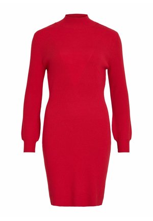 Robe tricotée rouge avec un col montant, de longues manches bouffantes et un motif texturé en V sur le buste. Fini lisse, ourlet au genou.