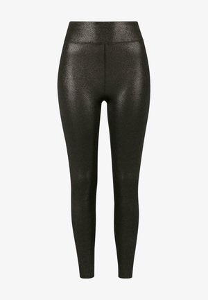 Black high-waisted leggings with a shiny, metallic finish and a smooth texture, featuring a fitted design and no visible seams.