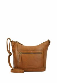 Borsa a tracolla in pelle marrone con tasca frontale con zip, tracolla regolabile e texture liscia, caratterizzata da dettagli in hardware color oro.
