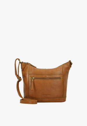 Bolso de cuero marrón tipo bandolera con un bolsillo delantero con cremallera, correa ajustable y superficie suave, que cuenta con detalles en hardware en tono dorado.