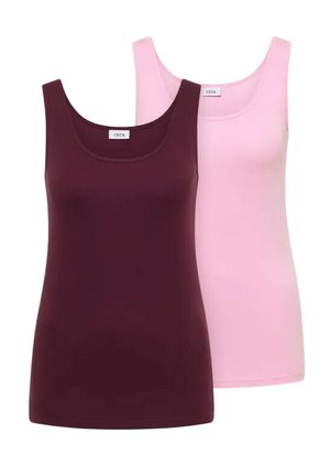 To ærmeløse tanktoppe, den ene i mørk vinrød foran og den anden i lys pink bagved, begge med rund hals og mærkelapper.