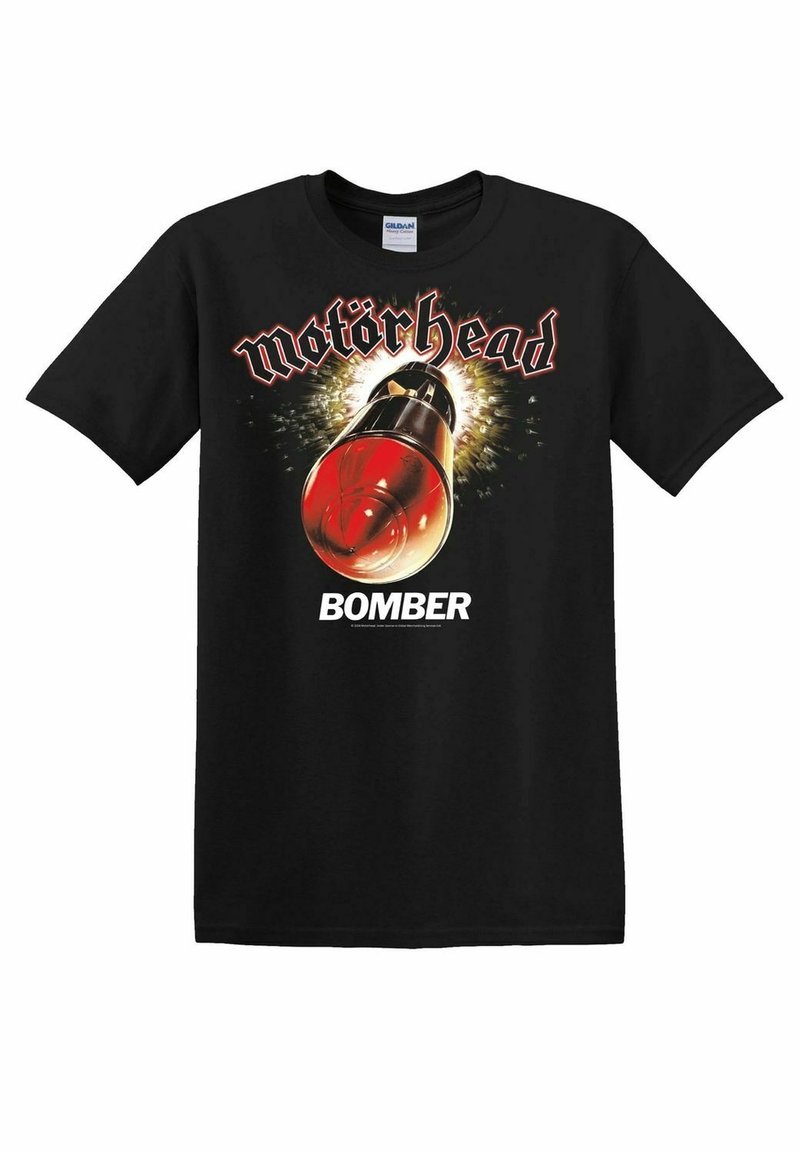 T-shirt en coton noir avec un imprimé graphique d'une bombe à tête rouge, entourée d'explosions, et le texte "Motörhead BOMBER" en police stylisée.