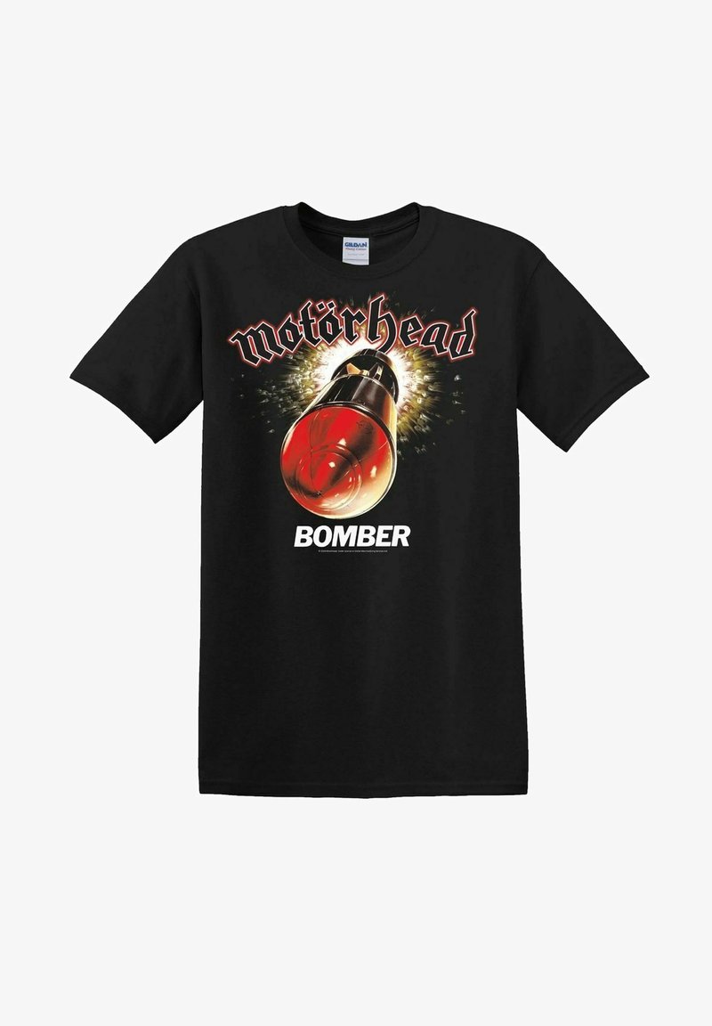 T-shirt en coton noir avec un imprimé graphique d'une bombe à tête rouge, entourée d'explosions, et le texte "Motörhead BOMBER" en police stylisée.