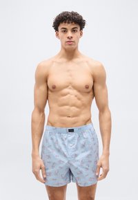 Μυώδης νεαρός άνδρας με κατσαρά μαλλιά, φορώντας ανοιχτόγαλανες μποξέρ με κόκκινα εκτυπωμένα σκέιτμπορντ, στέκεται μπροστά σε απλό φωτεινό φόντο.