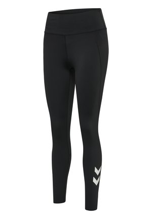 Zwarte actieve leggings gemaakt van rekbare, gladde stof. Hoge taille ontwerp, met witte chevronaccenten op het onderbeen.
