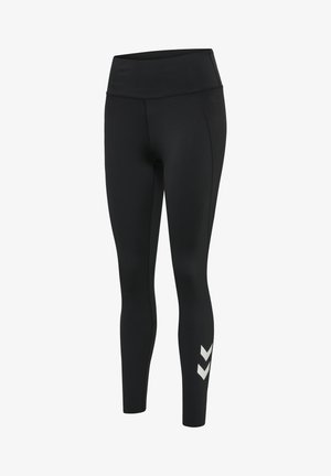 Leggings actifs noirs en tissu extensible et lisse. Design taille haute, avec des accents en chevrons blancs sur le bas de la jambe.