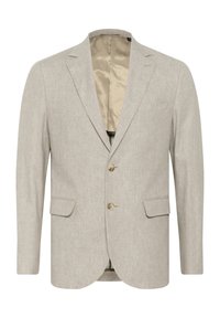 Heller grauer Blazer aus strukturiertem Stoff, mit einer Zwei-Knopf-Verschluss, Reverskragen und zwei Taschen vorne. Futter im Inneren.