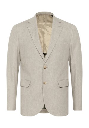 Light grey blazer made of textured fabric, featuring a two-button closure, notch lapels, and two front pockets. Lined interior.