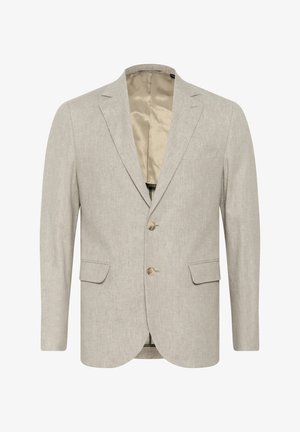 Heller grauer Blazer aus strukturiertem Stoff, mit einer Zwei-Knopf-Verschluss, Reverskragen und zwei Taschen vorne. Futter im Inneren.