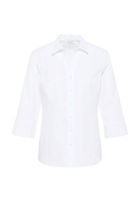 Witte button-up shirt, gemaakt van soepel materiaal, met een klassieke kraag, driekwartmouwen en een subtiele textuur.