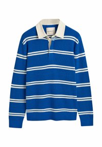 Blauw gestreepte pullover met witte horizontale strepen, een crèmekleurige kraag en een half-knopenlijst. Gemaakt van textuurgebreide stof.