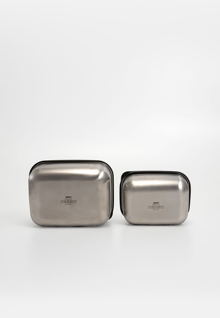 Stainless steel food containers in two sizes; rectangular shape with rounded edges and black silicone seals; smooth, metallic finish.