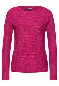 Różowy sweter dziergany na drutach z okrągłym dekoltem, długimi rękawami i fakturowanym wzorem. Dół i mankiety są ściągane, co zapewnia dopasowanie.