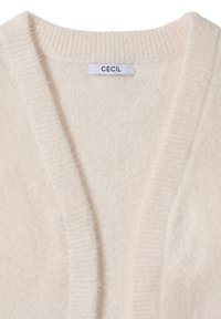Helle rosa Strickjacke aus weichem, strukturiertem Stoff mit V-Ausschnitt und gerippten Kanten. Etikett liest "CECIL."