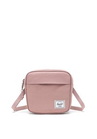 Borsa a tracolla in morbido cotone rosa con forma rettangolare, tracolla regolabile, zip superiore e una etichetta logo bianca sul davanti.