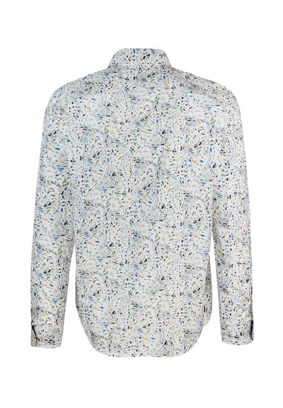 Camicia a maniche lunghe con una base bianca e un motivo floreale astratto colorato, colletto con bottoni e orlo curvo.