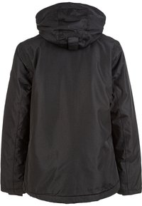 Schwarze Kapuzenjacke mit einer glatten, matten Textur, die einen leicht geschwungenen Saum und eine verstellbare Kordelzug an der Kapuze aufweist.
