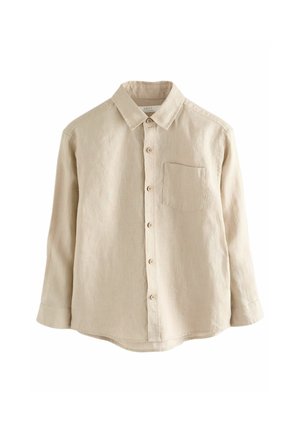 Bézs színű lenvászon ing gombos elülső résszel, hegyes gallérral, egy mellzsebbel és hosszú ujjakkal, fa gombokkal és laza szabással.