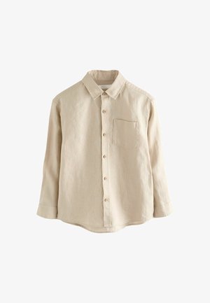 Cămașă bej din pânză de in, cu nasturi în față, guler ascuțit, buzunar simplu la piept și mâneci lungi, având nasturi de lemn și croială lejeră.