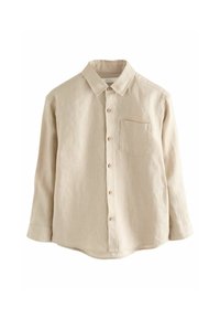 Helles beige Leinenhemd mit Knopfleiste, Kragen und einer Brusttasche. Verfügt über lange Ärmel und einen abgerundeten Saum.