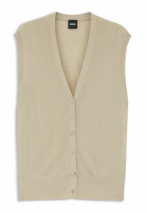 Cardigan beige senza maniche con bottoni, scollo a V profondo e orlo a coste di BOSS.