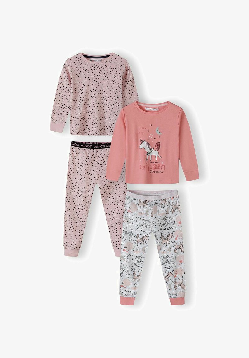 Three-piece children’s pajama set. Includes a light pink top with unicorn graphic, polka dot pants, and patterned pajama bottoms in white and pink.
