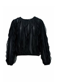 Blusa nera crop con volant texturizzati e sovrapposti e maniche lunghe a sbuffo. Realizzata in tessuto leggero e trasparente con un motivo a coste.