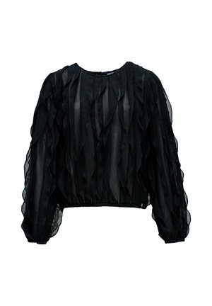 Blusa corta negra con volantes texturizados y en capas y mangas largas abullonadas. Fabricada en tejido ligero y transparente con un patrón acanalado.