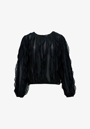 Blouse noire courte avec des volants texturés et superposés et de longues manches bouffantes. Fabriquée dans un tissu léger et transparent avec un motif côtelé.