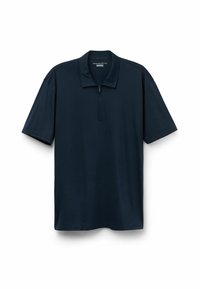 Granatowa koszulka polo z krótkim rękawem, wykonana z wysokiej jakości bawełny, z kołnierzykiem na pół zamka i gładką fakturą. Prosty design bez wzorów.