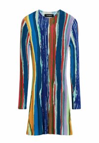 Strickkleid in mehrfarbigen Streifen, mit langen Ärmeln und gerippter Textur, rundem Ausschnitt und unterschiedlich breiten Farben.