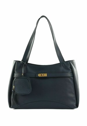 Sac fourre-tout en cuir noir avec deux lanières d'épaule, une petite pochette attachée et un fermoir central doré sur le devant.