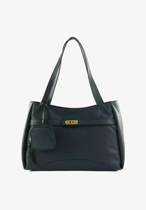 Black leather tote bag with two shoulder straps, a small attached pouch, and a gold-tone central clasp on the front.